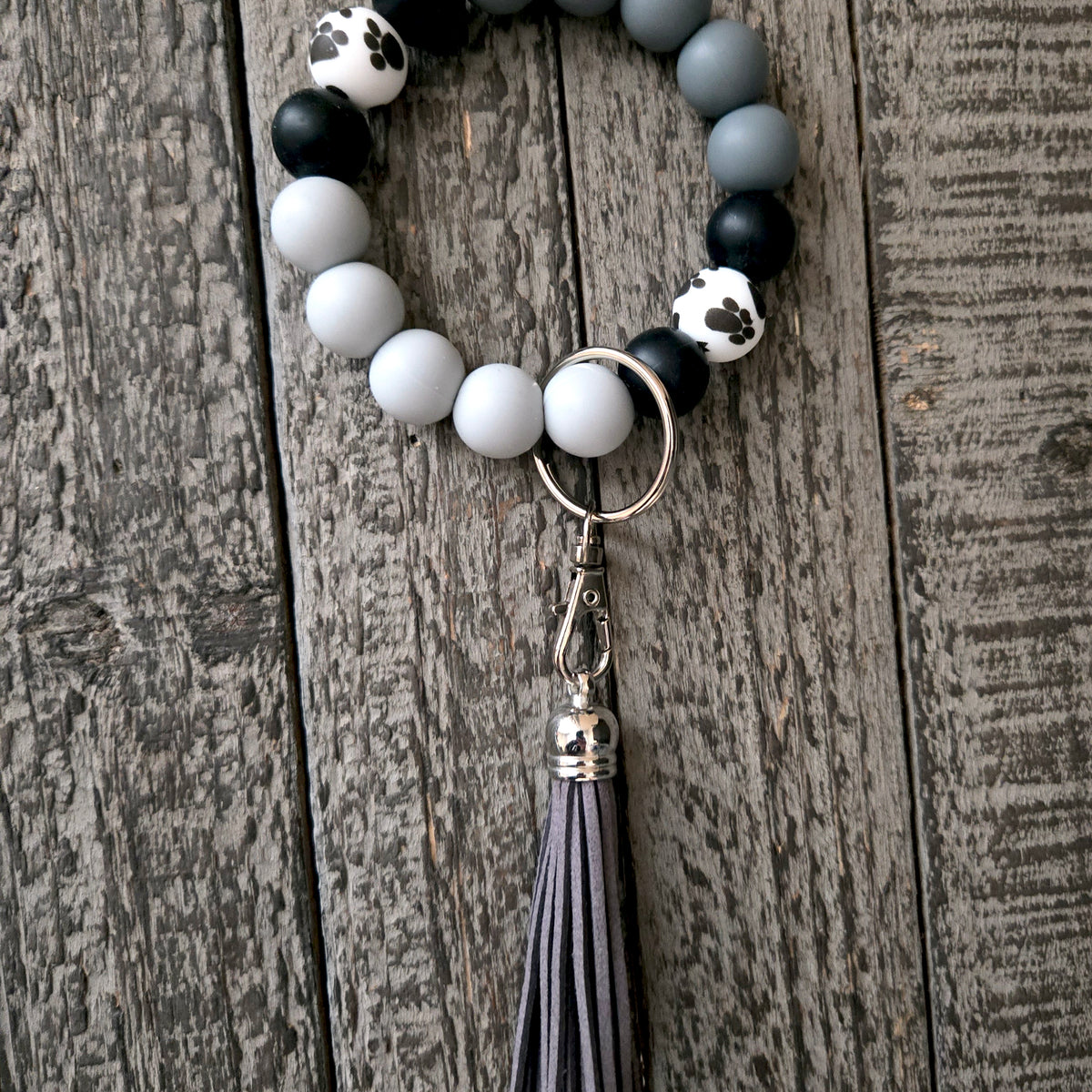 Wristlet Keychain - Silicone Beaded Key Fob Bracelet - Hands Free Keyring - Gray Black Paw Print & Gray Faux Leather Tassel