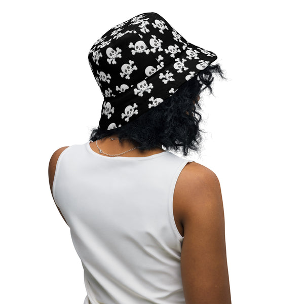 Skull and Crossbones Reversible Bucket Hat - Black and White All Over Print Hat - Gothic Festival Hat - Skull Pattern