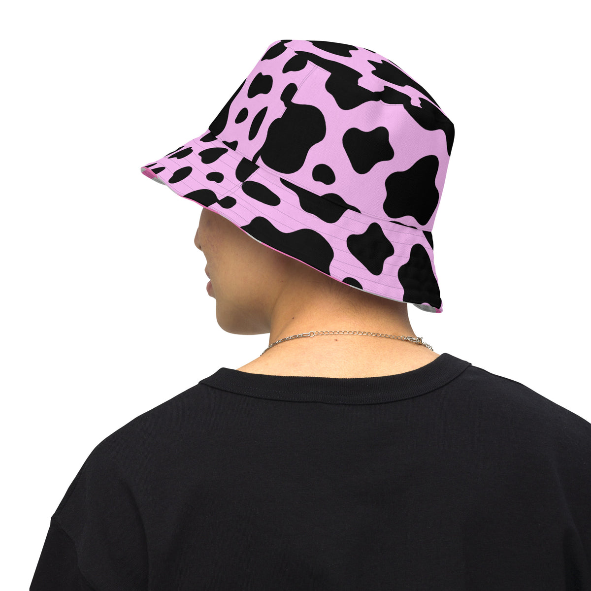 Reversible Pink Cow Print Bucket Hat - Cute Festival Headwear - All Over Print