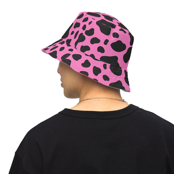 Reversible Pink Cow Print Bucket Hat - Cute Festival Headwear - All Over Print