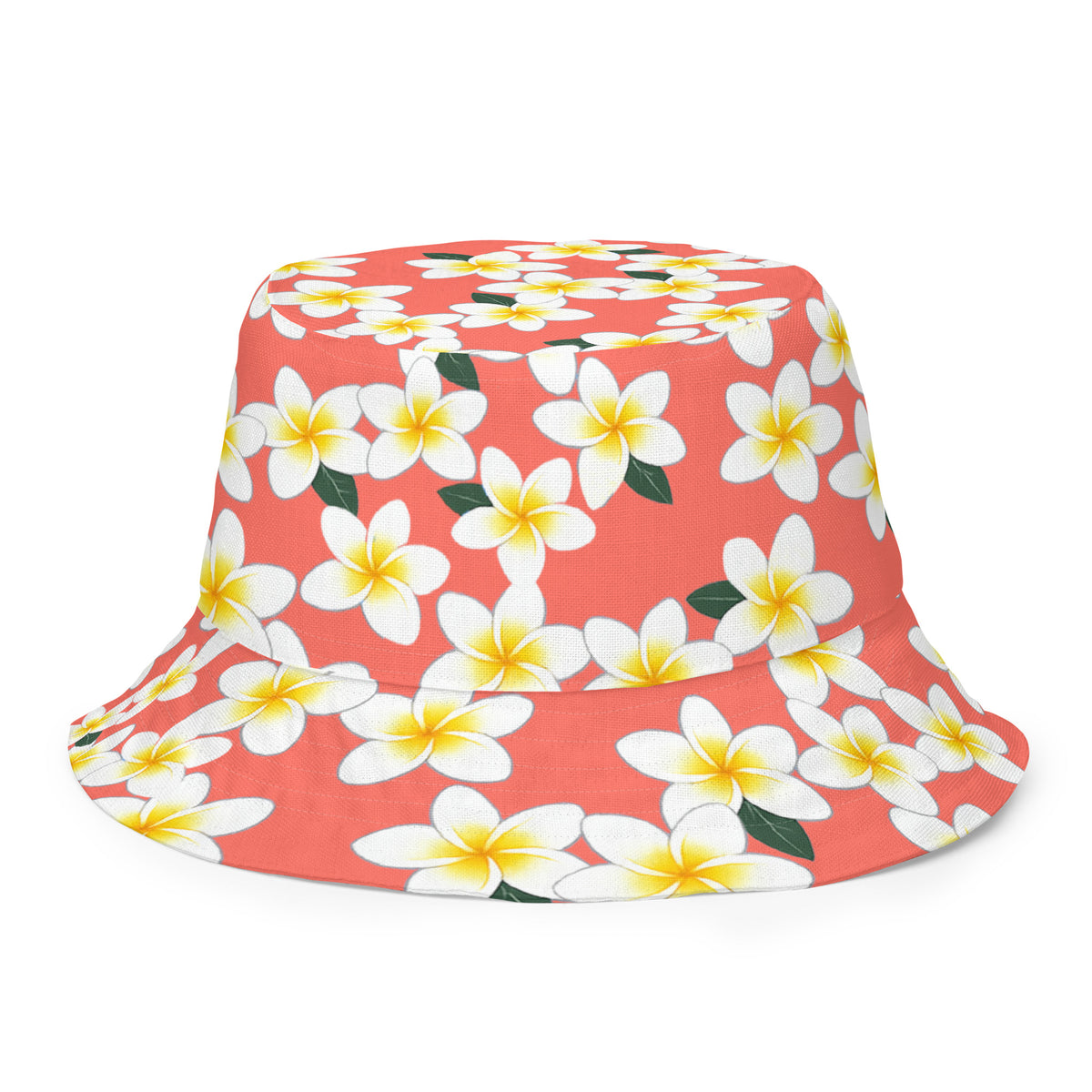 Reversible Plumeria Bucket Hat - Blue & Coral Tropical Hawaiian Sun Hat