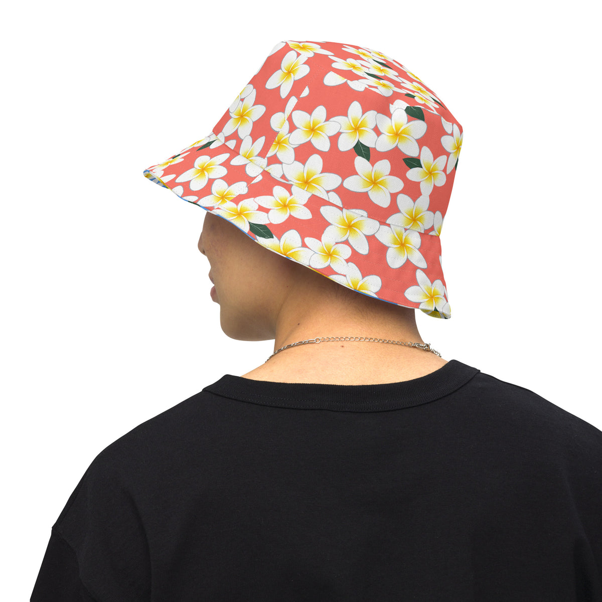 Reversible Plumeria Bucket Hat - Blue & Coral Tropical Hawaiian Sun Hat
