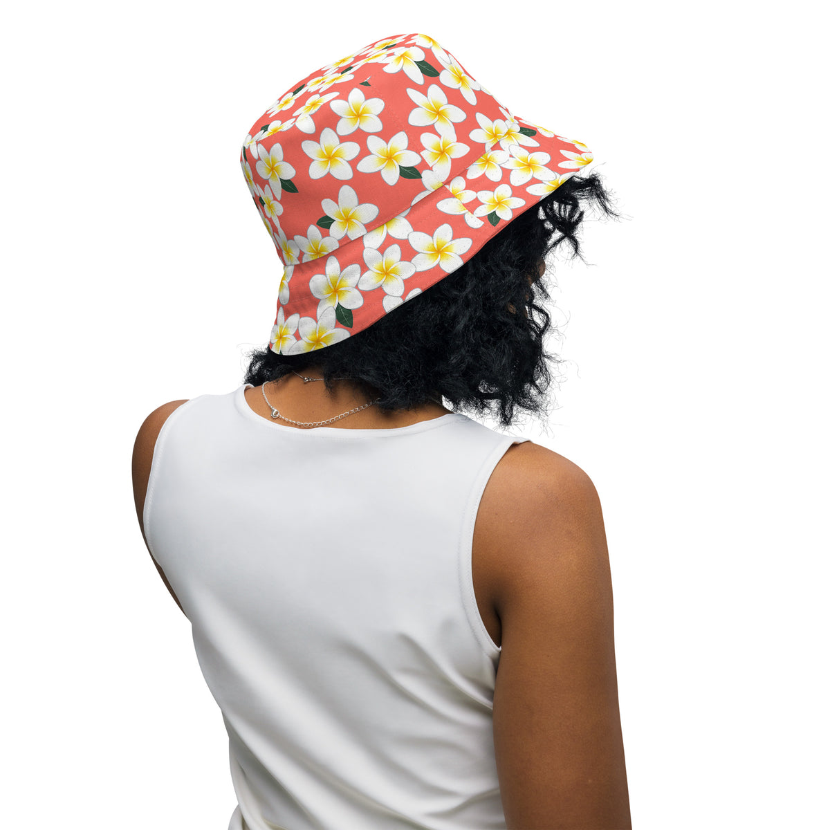 Reversible Plumeria Bucket Hat - Blue & Coral Tropical Hawaiian Sun Hat