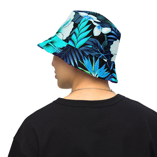 Reversible Bucket Hat - Blue Hawaiian Floral Sun Hat