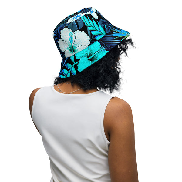 Reversible Bucket Hat - Blue Hawaiian Floral Sun Hat