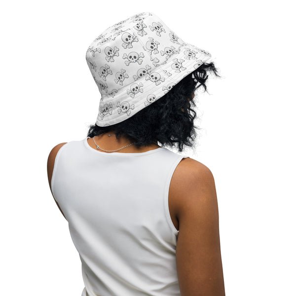 Reversible Pink Skull and Crossbones Bucket Hat - Punk Festival Headwear - All Over Print