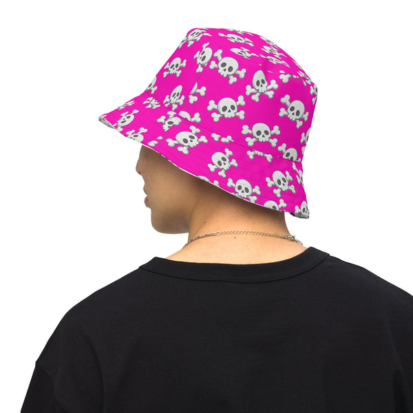 Reversible Pink Skull and Crossbones Bucket Hat - Punk Festival Headwear - All Over Print
