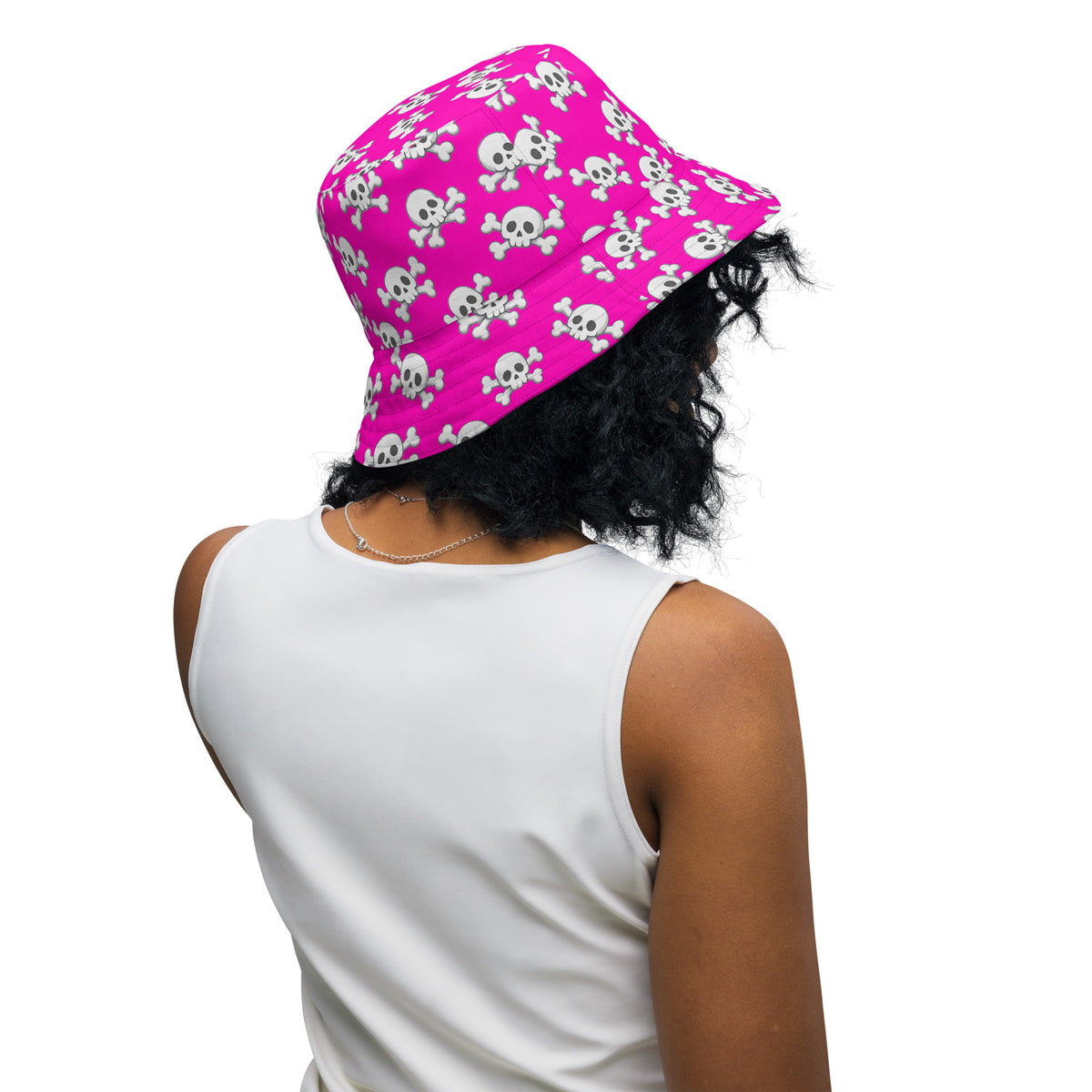 Reversible Pink Skull and Crossbones Bucket Hat - Punk Festival Headwear - All Over Print