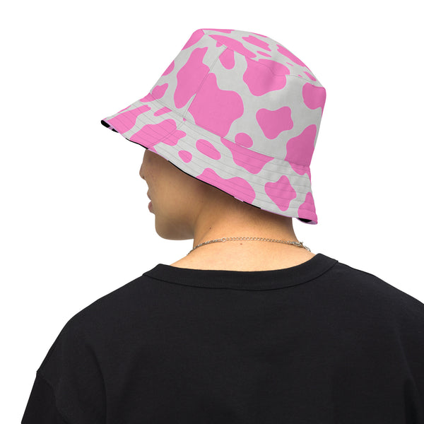 Reversible Pink Cow Print Bucket Hat - Cute Festival Headwear - All Over Print