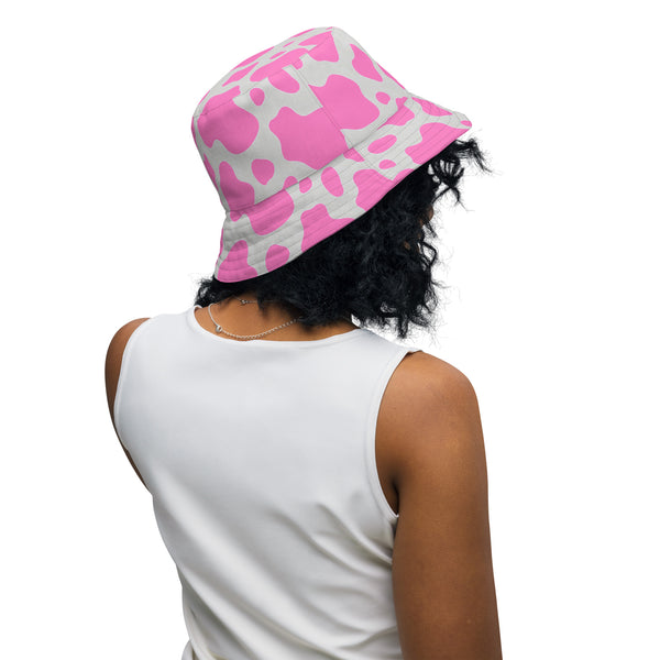 Reversible Pink Cow Print Bucket Hat - Cute Festival Headwear - All Over Print
