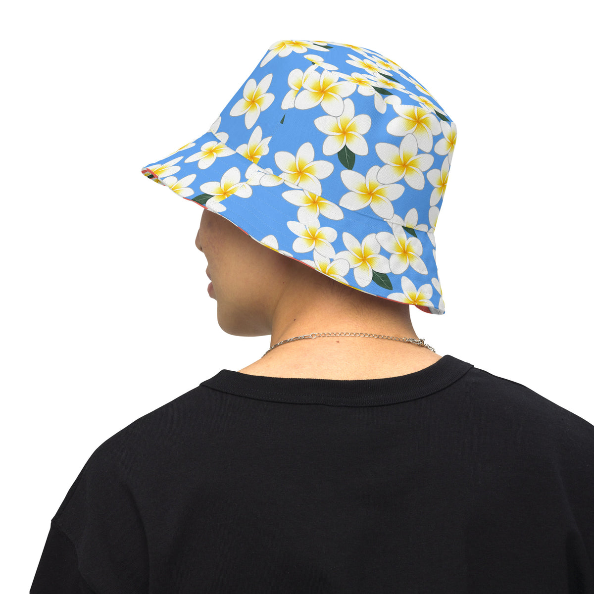 Reversible Plumeria Bucket Hat - Blue & Coral Tropical Hawaiian Sun Hat