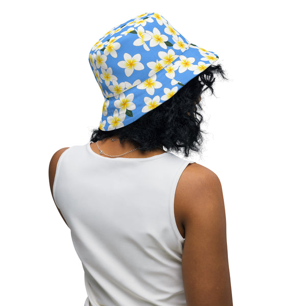Reversible Plumeria Bucket Hat - Blue & Coral Tropical Hawaiian Sun Hat