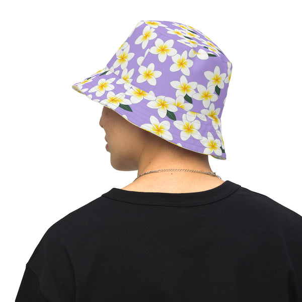 Reversible Plumeria Flower Bucket Hat - Purple & Yellow Hawaiian Sun Hat