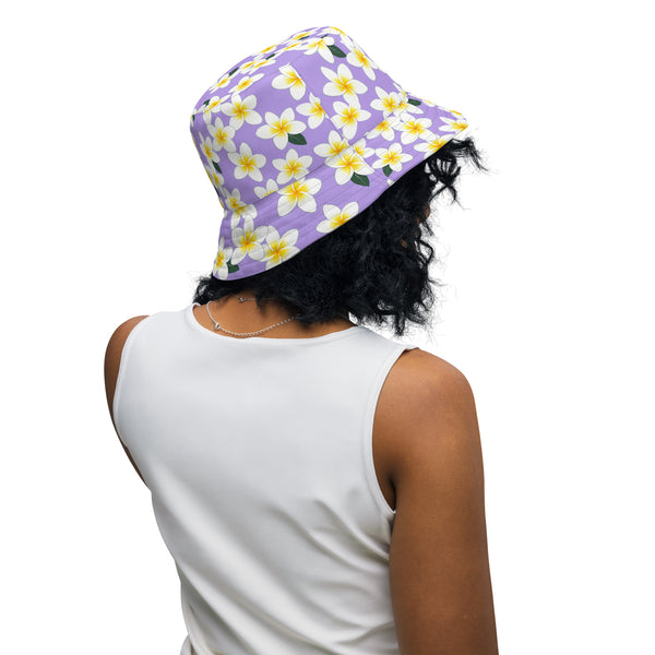 Reversible Plumeria Flower Bucket Hat - Purple & Yellow Hawaiian Sun Hat