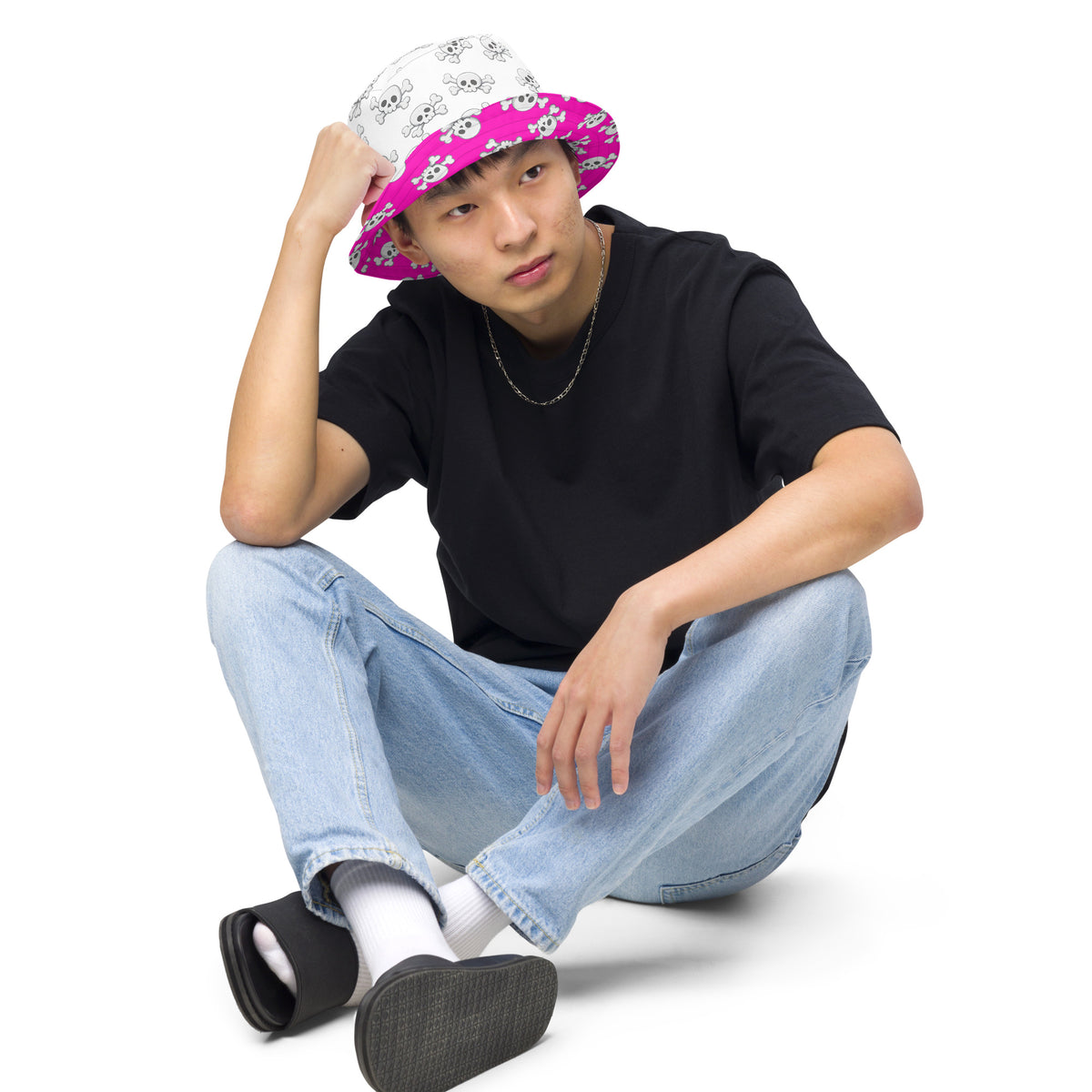 Reversible Pink Skull and Crossbones Bucket Hat - Punk Festival Headwear - All Over Print
