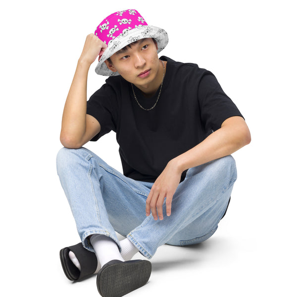 Reversible Pink Skull and Crossbones Bucket Hat - Punk Festival Headwear - All Over Print