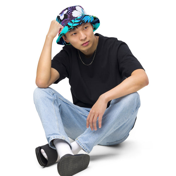 Reversible Bucket Hat - Blue Hawaiian Floral Sun Hat