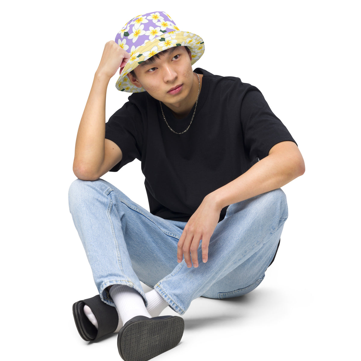 Reversible Plumeria Flower Bucket Hat - Purple & Yellow Hawaiian Sun Hat