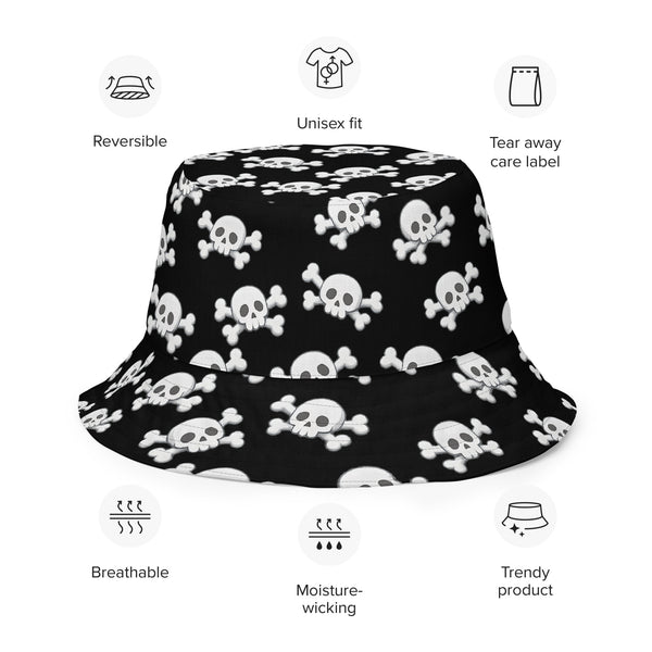 Skull and Crossbones Reversible Bucket Hat - Black and White All Over Print Hat - Gothic Festival Hat - Skull Pattern