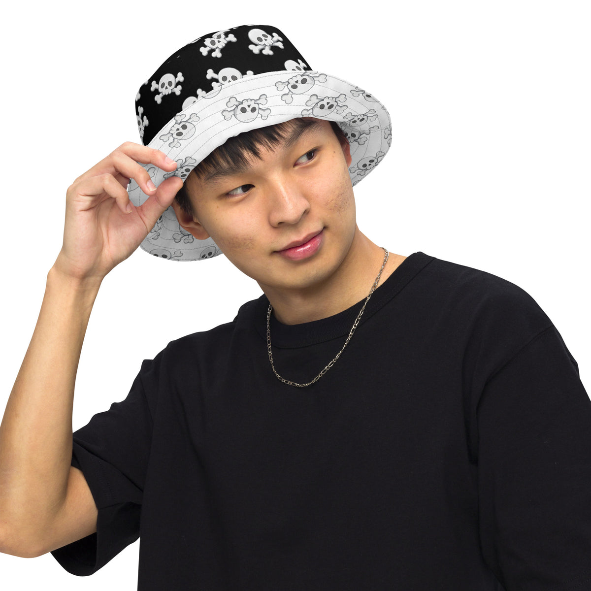 Skull and Crossbones Reversible Bucket Hat - Black and White All Over Print Hat - Gothic Festival Hat - Skull Pattern