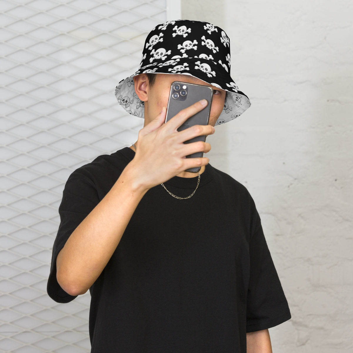Skull and Crossbones Reversible Bucket Hat - Black and White All Over Print Hat - Gothic Festival Hat - Skull Pattern