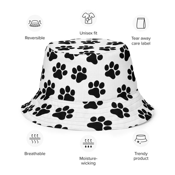 Reversible Paw Print Bucket Hat - Pet Lover Festival Headwear - All Over Print