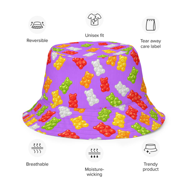 Reversible Gummy Bear Bucket Hat - Candy Lover Festival Headwear - All Over Print