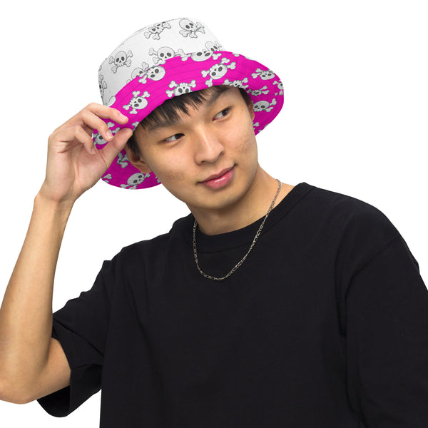 Reversible Pink Skull and Crossbones Bucket Hat - Punk Festival Headwear - All Over Print