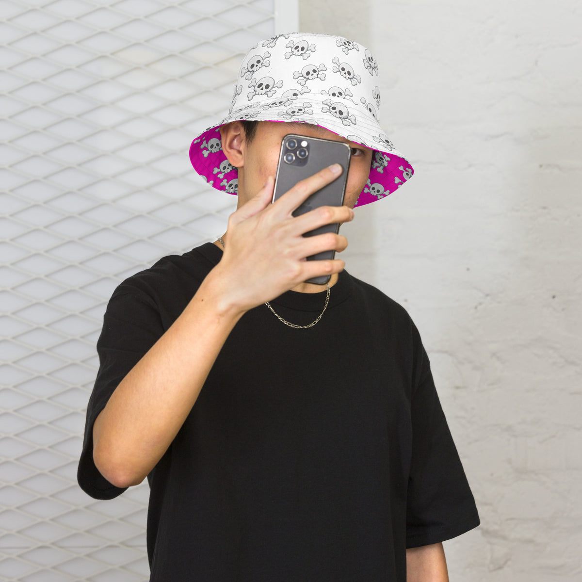 Reversible Pink Skull and Crossbones Bucket Hat - Punk Festival Headwear - All Over Print