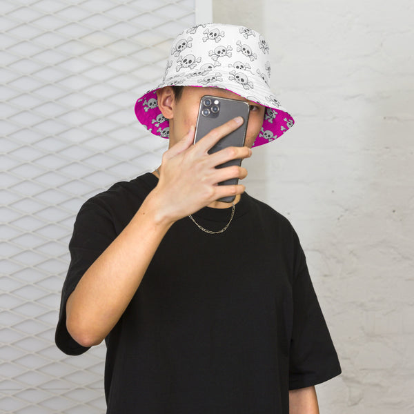 Reversible Pink Skull and Crossbones Bucket Hat - Punk Festival Headwear - All Over Print