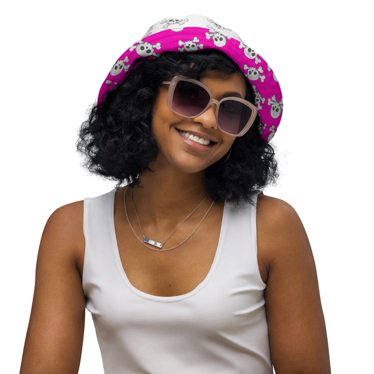 Reversible Pink Skull and Crossbones Bucket Hat - Punk Festival Headwear - All Over Print