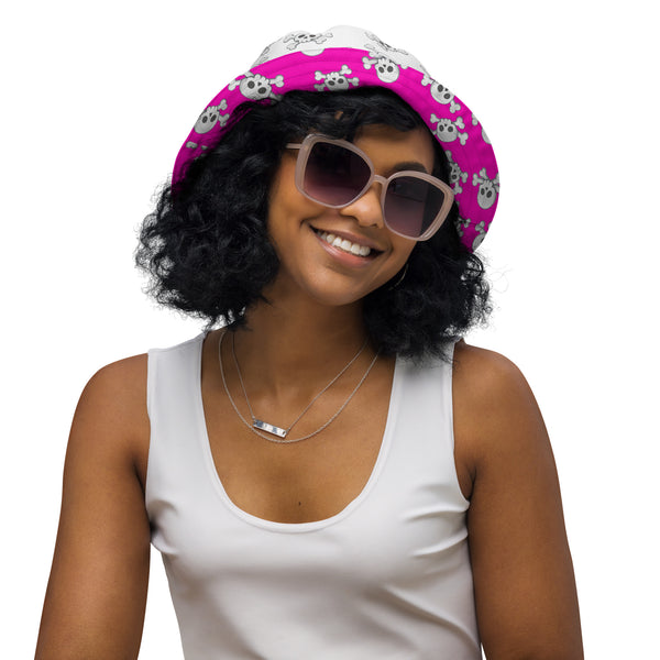 Reversible Pink Skull and Crossbones Bucket Hat - Punk Festival Headwear - All Over Print