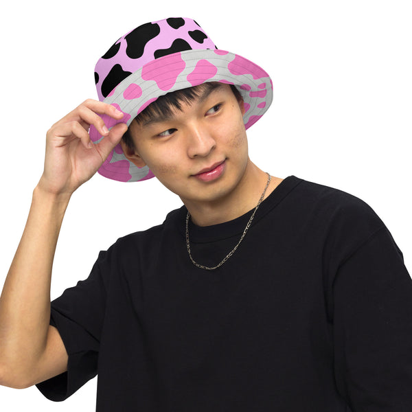 Reversible Pink Cow Print Bucket Hat - Cute Festival Headwear - All Over Print