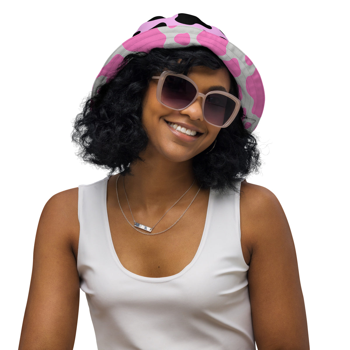 Reversible Pink Cow Print Bucket Hat - Cute Festival Headwear - All Over Print