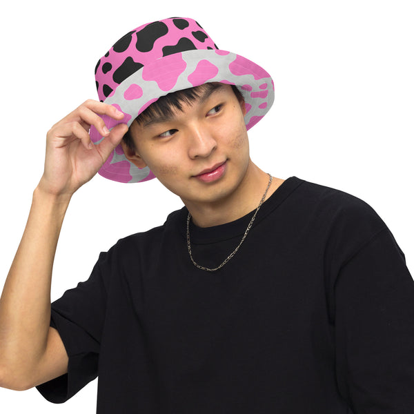 Reversible Pink Cow Print Bucket Hat - Cute Festival Headwear - All Over Print