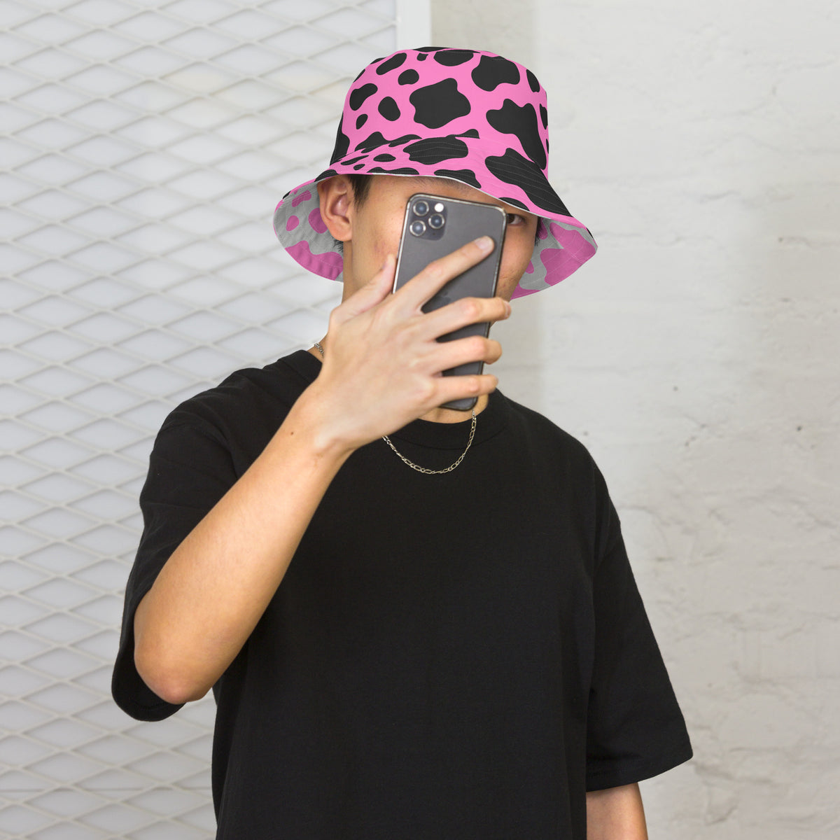 Reversible Pink Cow Print Bucket Hat - Cute Festival Headwear - All Over Print