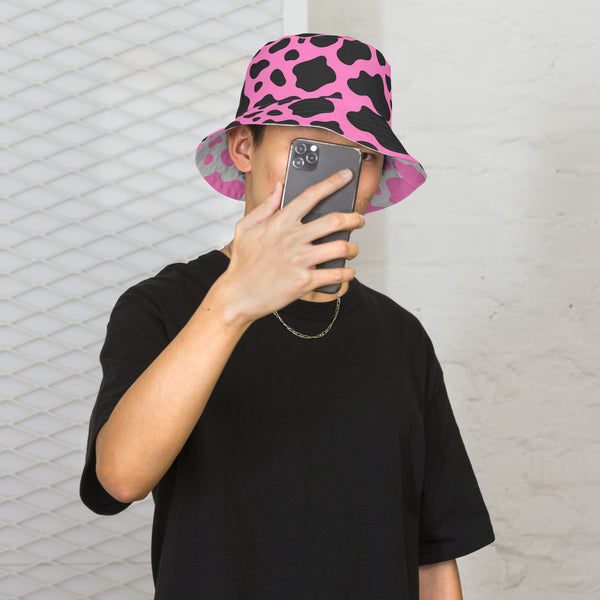 Reversible Pink Cow Print Bucket Hat - Cute Festival Headwear - All Over Print