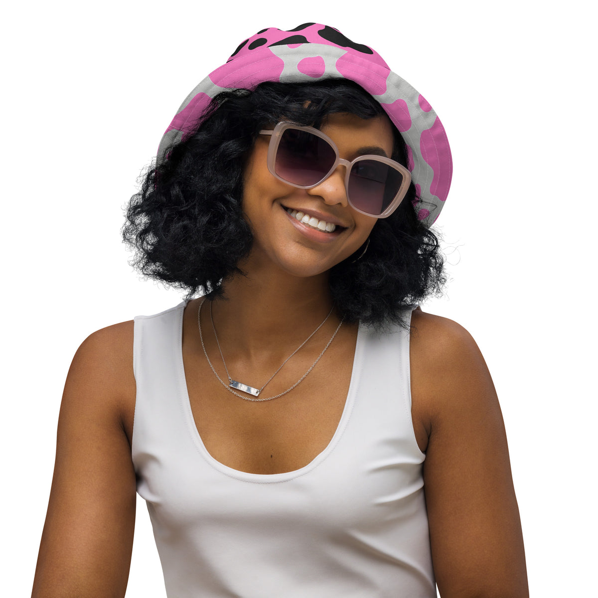 Reversible Pink Cow Print Bucket Hat - Cute Festival Headwear - All Over Print