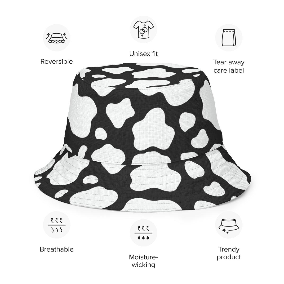 Reversible Cow Print Bucket Hat - Festival Headwear - All Over Print