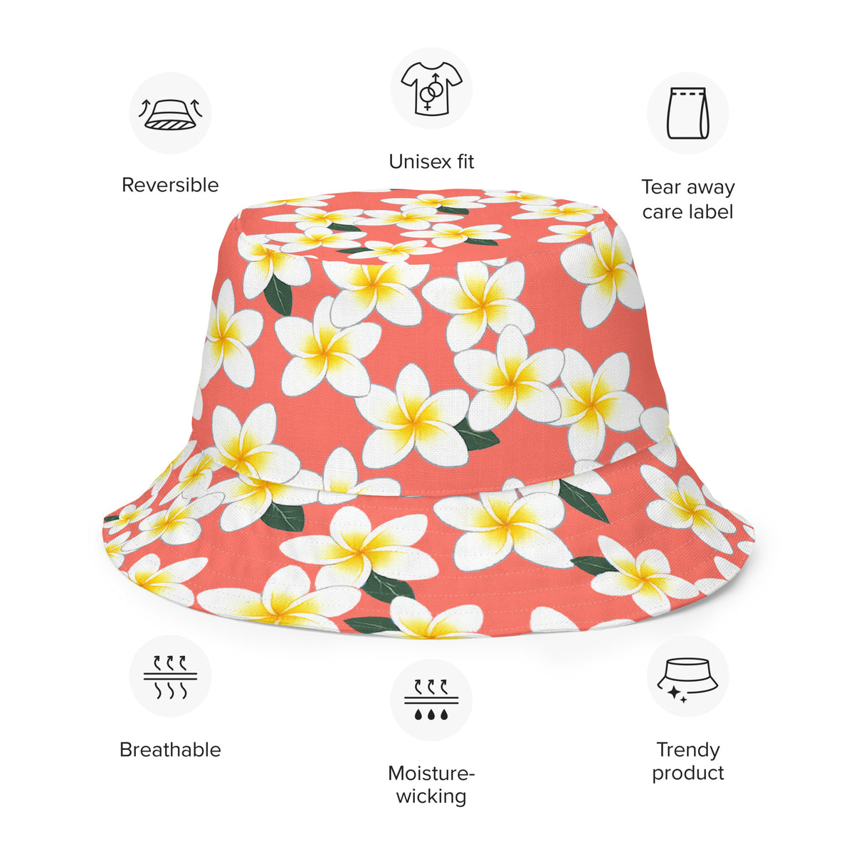 Reversible Plumeria Bucket Hat - Blue & Coral Tropical Hawaiian Sun Hat