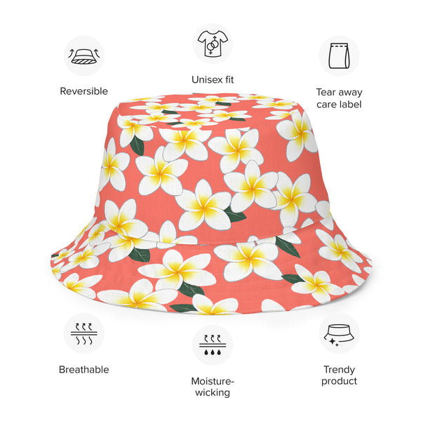 Reversible Plumeria Bucket Hat - Blue & Coral Tropical Hawaiian Sun Hat