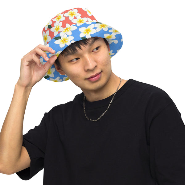 Reversible Plumeria Bucket Hat - Blue & Coral Tropical Hawaiian Sun Hat
