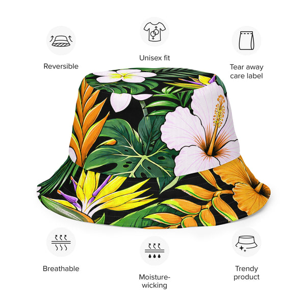 Reversible Tropical Bucket Hat - Hawaiian Hibiscus Floral Sun Hat