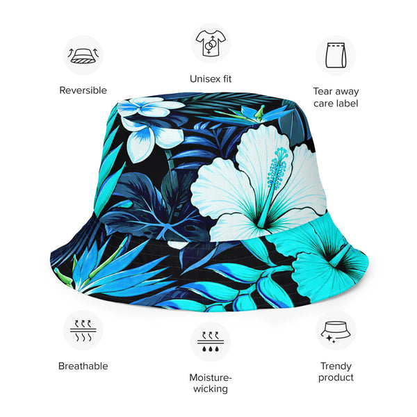 Reversible Bucket Hat - Blue Hawaiian Floral Sun Hat