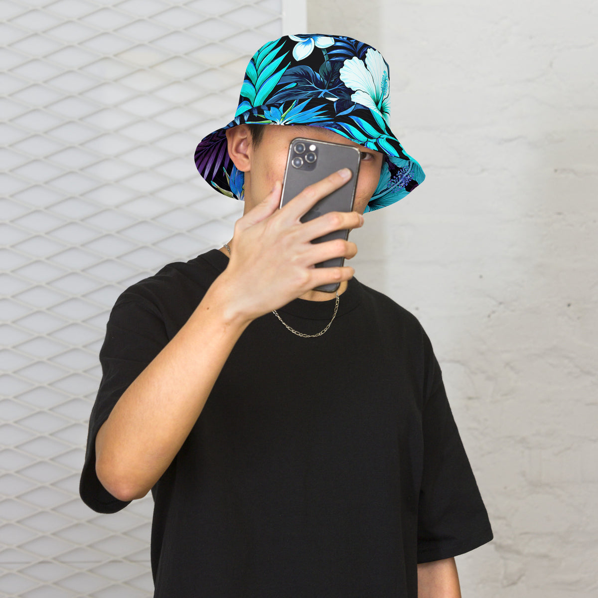 Reversible Bucket Hat - Blue Hawaiian Floral Sun Hat