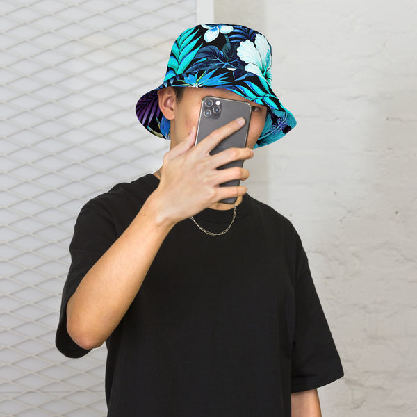 Reversible Bucket Hat - Blue Hawaiian Floral Sun Hat
