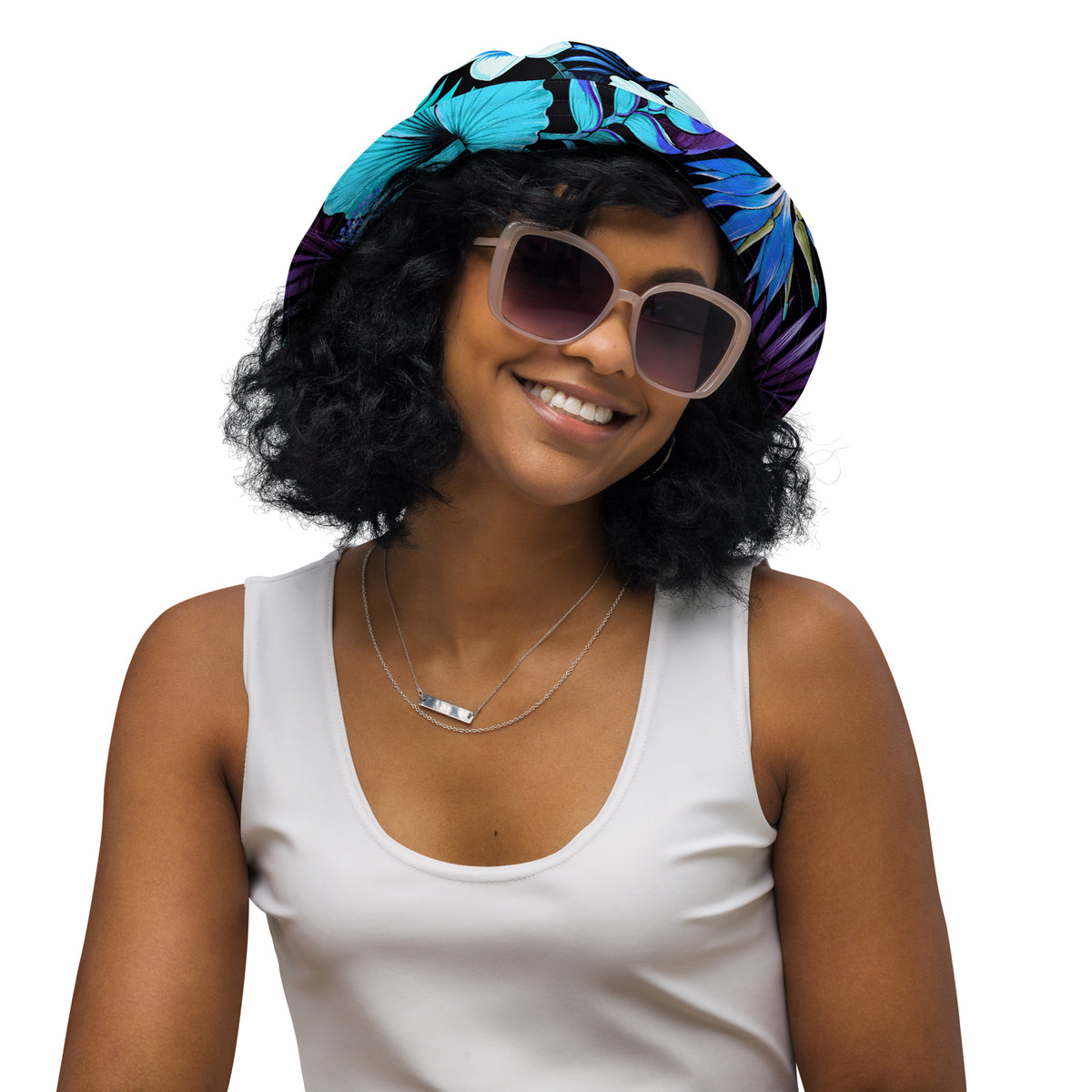 Reversible Bucket Hat - Blue Hawaiian Floral Sun Hat
