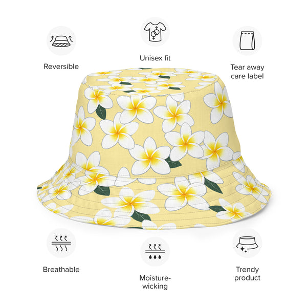 Reversible Plumeria Flower Bucket Hat - Purple & Yellow Hawaiian Sun Hat