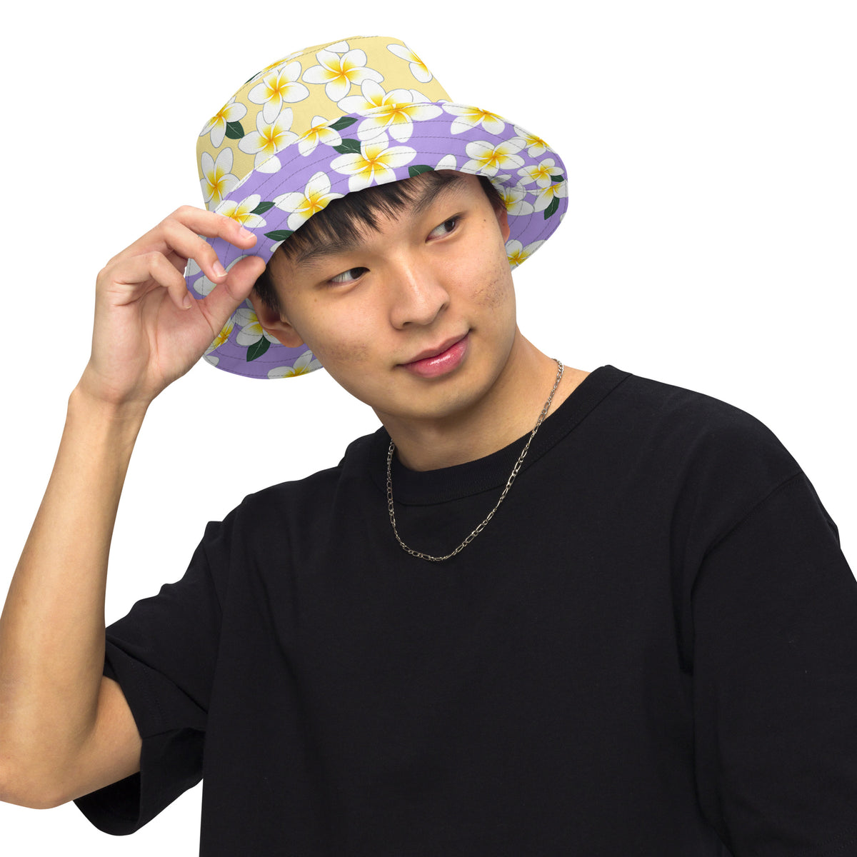 Reversible Plumeria Flower Bucket Hat - Purple & Yellow Hawaiian Sun Hat