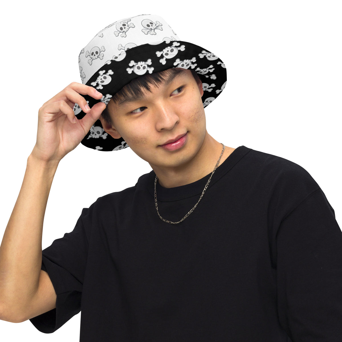 Skull and Crossbones Reversible Bucket Hat - Black and White All Over Print Hat - Gothic Festival Hat - Skull Pattern